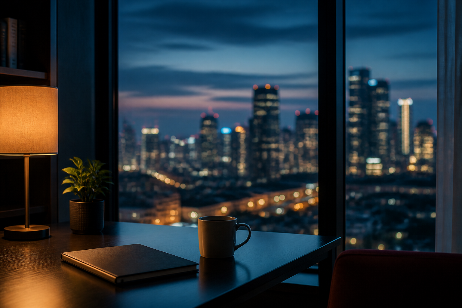 Quiet desk with coffee and a city view at blue hour