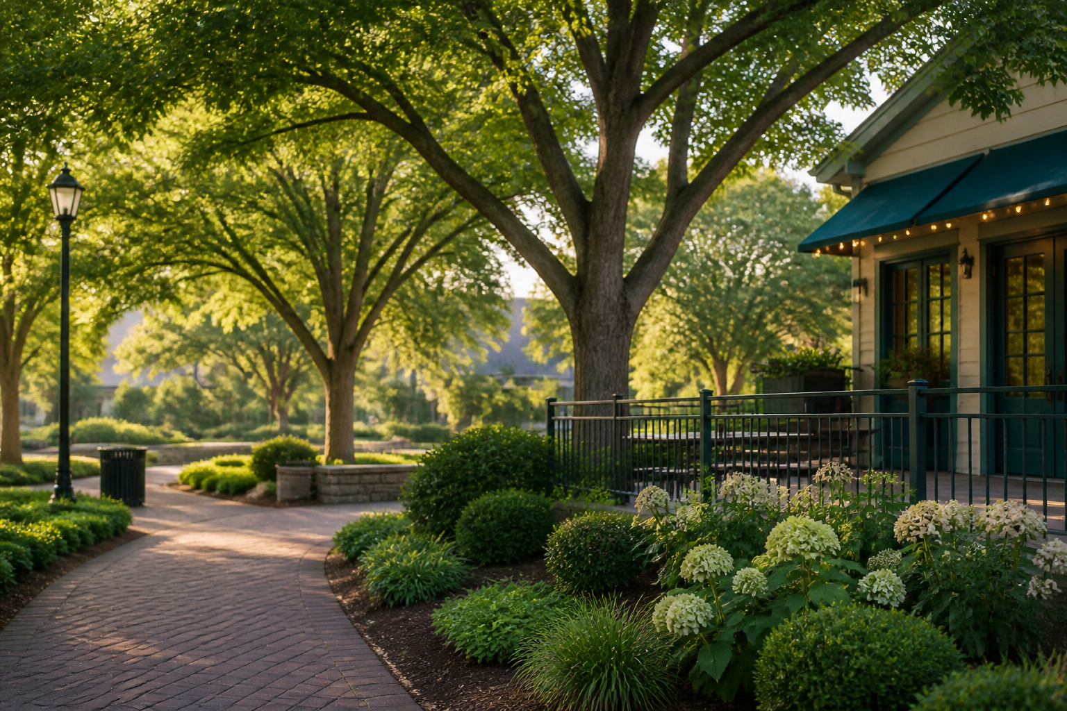 Cary town park with mature trees and a quiet café terrace