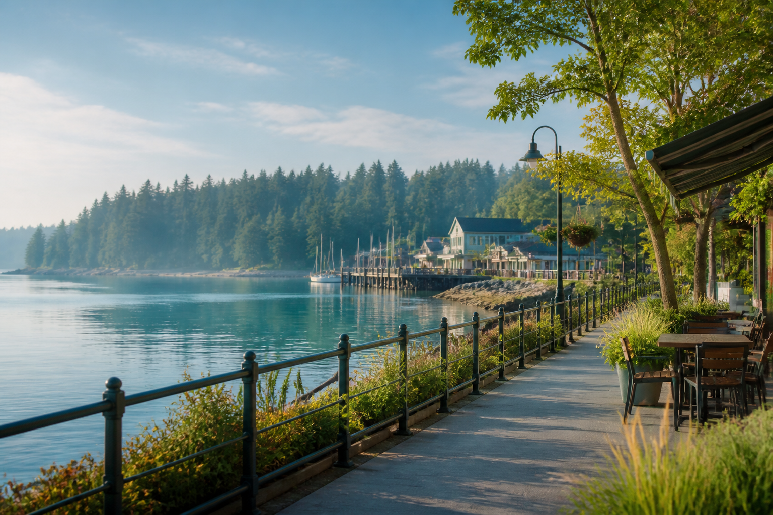 Everett waterfront promenade with evergreen shoreline